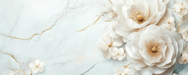 Elegant white flowers on marble background with golden accents