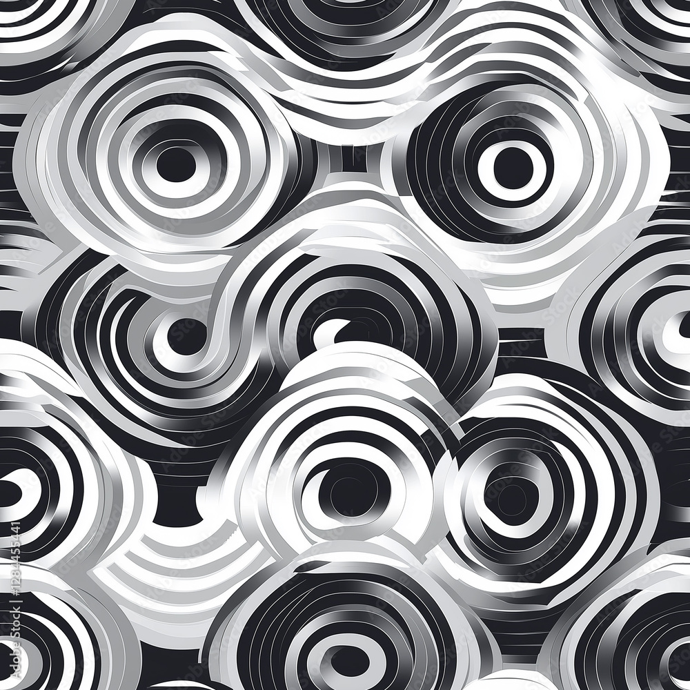 Poster abstract black and white circular pattern showcasing dynamic movement and fluidity for artistic insp