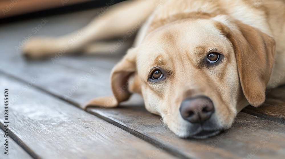 Poster adorable golden retriever relaxing on the wooden floor with a curious and gentle gaze : generative a