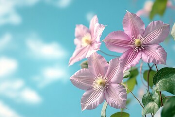 Fototapeta premium Delicate Pink Clematis Blossoms Against a Sky
