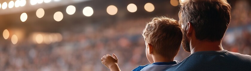 Obraz premium Two fans cheer enthusiastically in a lively football stadium, wearing matching jerseys. The warm golden-hour light enhances their excitement, creating a memorable atmosphere