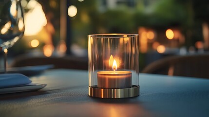 close up view of a battery powered candle flame in a glass votive candle holder in brass holder on an al fresco restaurant table