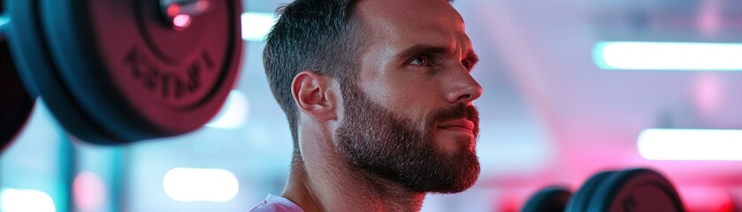 Obraz premium A fit father focuses intently as he lifts weights in a spacious high-end gym. Sleek equipment and soft neon lighting create a motivating atmosphere for his workout