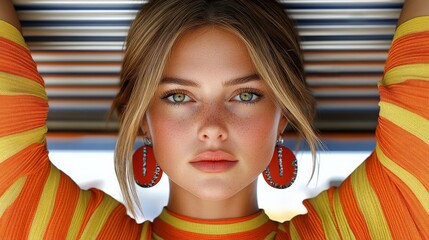 Young Woman with Striking Green Eyes in Bright Striped Shirt