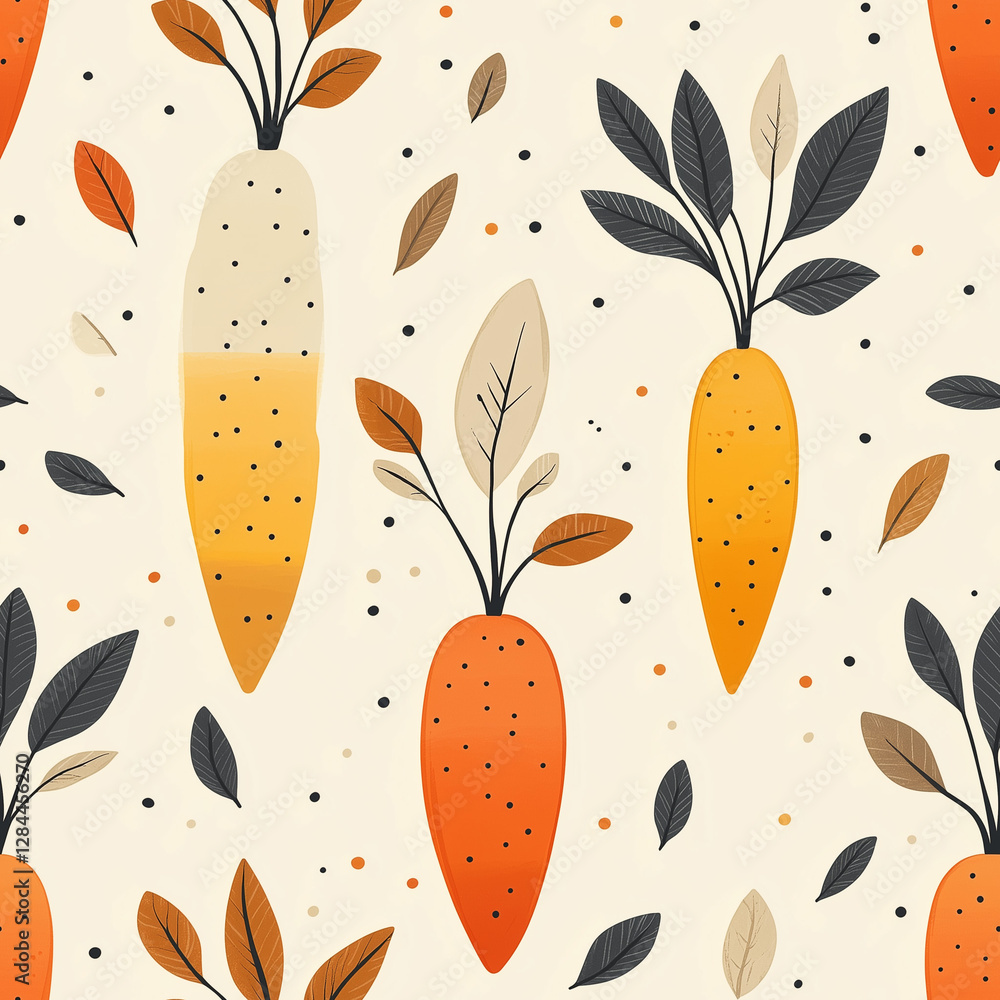 Poster colorful carrot pattern with leaves on a light background showcasing various shapes and sizes, perfe