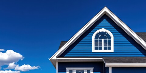 Sky blue siding with crisp white trim and a decorative gable roof, invoking a classic Americana style under the expansive blue sky, bringing a sense of nostalgia.