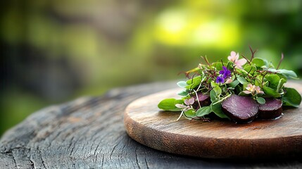 Farm-to-table cuisine ensures fresh quality. Fresh salad with herbs and flowers on a wooden platter.