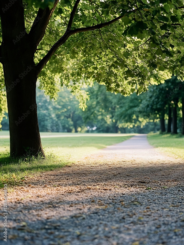 Aufkleber Serene pathway under lush green trees inviting peaceful walks in a tranquil park setting : Generative AI