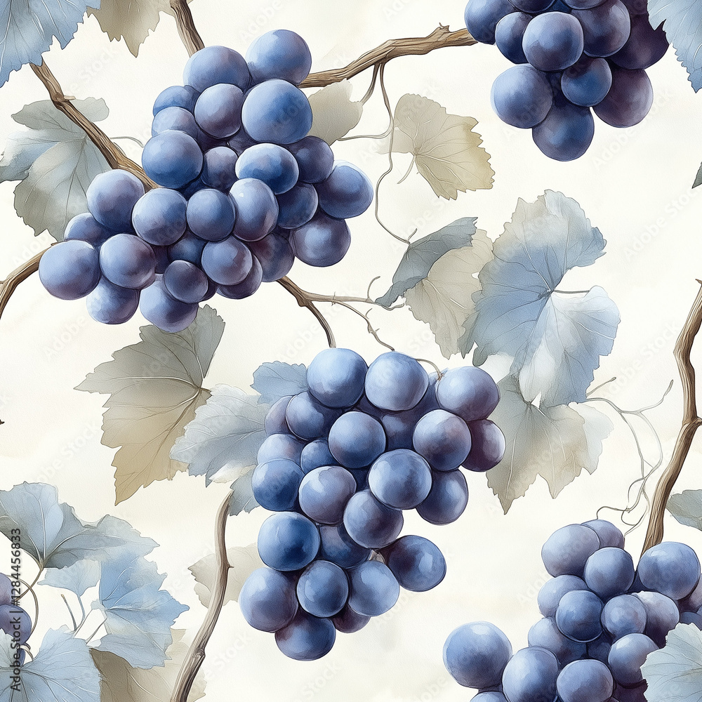 Poster elegant blue grape pattern with detailed leaves on a soft background perfect for various design proj