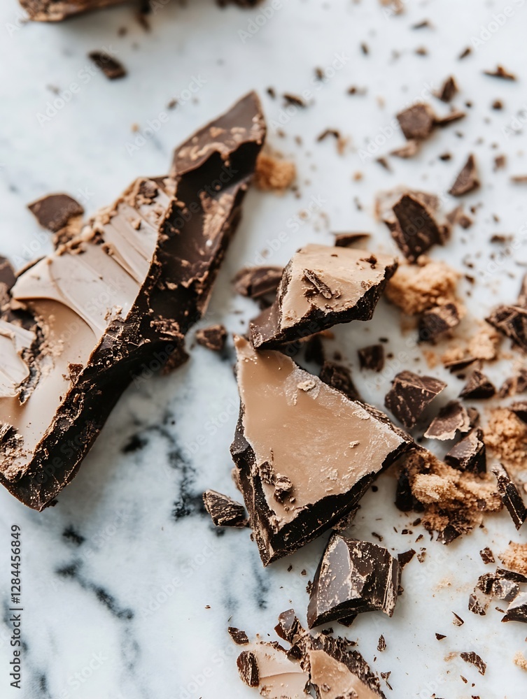 Poster chunky pieces of rich chocolate scattered on a marble countertop inviting indulgence and delight : g