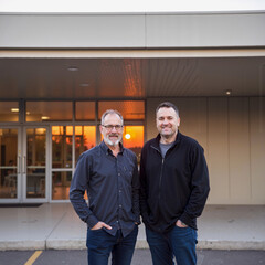 Two Men Posing in Front of a Building in the Background