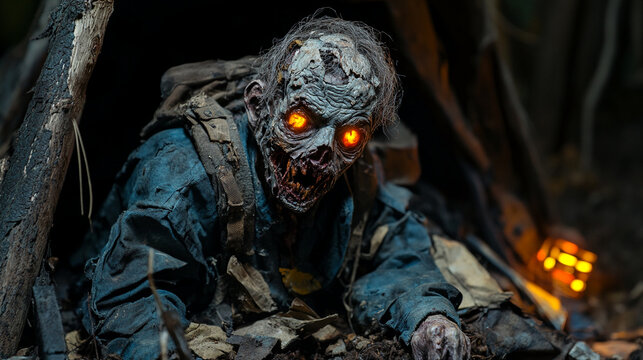 Close-up of a horrifying zombie soldier crawling through the rubble with glowing orange eyes, surrounded by decay and destruction in a post-apocalyptic environment.
