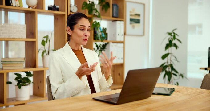 Happy, business woman and video call with laptop for online meeting or virtual discussion at office. Female person, employee or speaker with smile on computer for ideas, communication or conversation