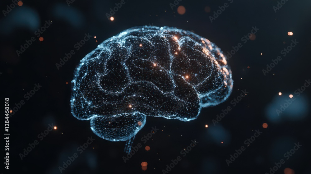 Poster digital neural network brain with glowing connections in dark space