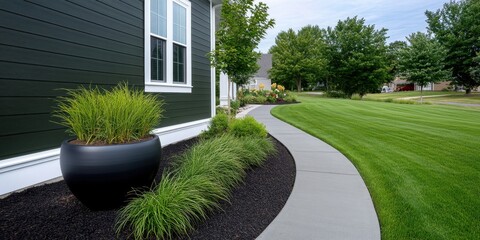 Dark olive green vinyl siding with clean white trim and soft linen curtains for a sophisticated yet approachable residential design.