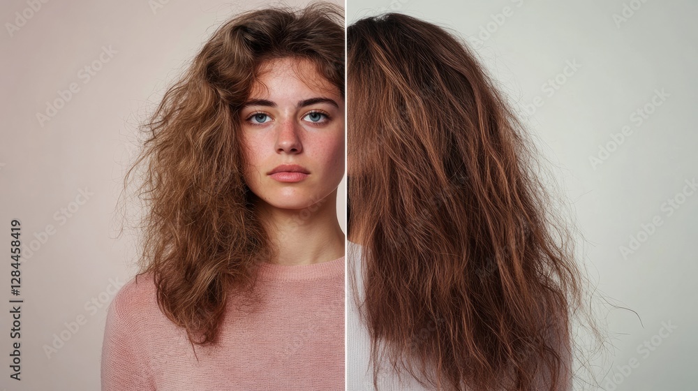 Poster transformation of hairstyle from unkempt to stylish in contrasting sides of a portrait. generative a
