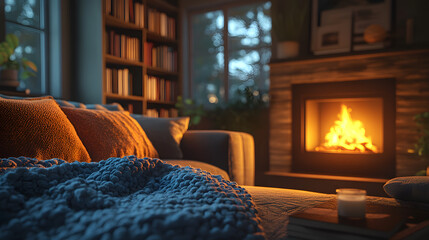 
A cozy living room with a burning fireplace, soft blankets and pillows on a comfortable sofa, warm lighting, bookshelf in the background