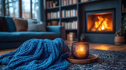 
A cozy living room with a burning fireplace, soft blankets and pillows on a comfortable sofa, warm lighting, bookshelf in the background