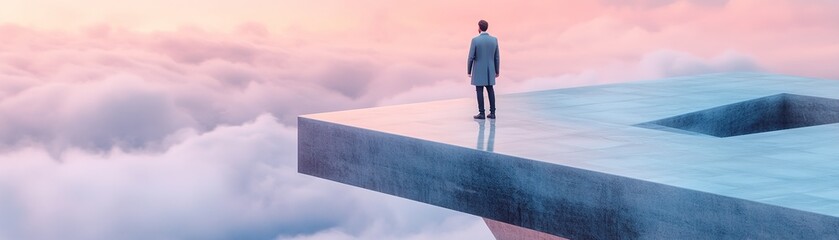 A modern businessman stands confidently at the edge of a surreal glass bridge, extending infinitely into a glowing horizon amidst a soft-focus dreamlike atmosphere