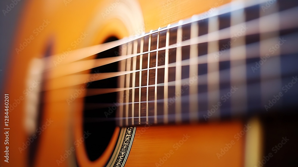 Aufkleber close up view of acoustic guitar strings showcasing craftsmanship and musical elegance in a warm lig