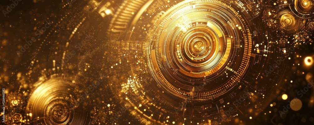 Poster abstract golden tech circles with glowing digital patterns and lights