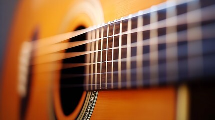 Fototapeta premium Close up view of acoustic guitar strings showcasing craftsmanship and musical elegance in a warm light : Generative AI