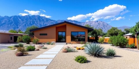 Desert Modern. Warm tan siding with parallel lines, paired with a beige gravel roof, giving the exterior a soft, desert-inspired aesthetic both stylish and functional.