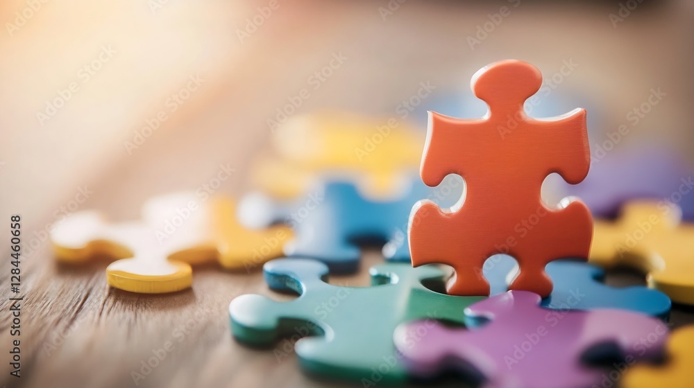 Aufkleber colorful jigsaw puzzle pieces scattered on a wooden surface symbolizing fun and creativity in proble