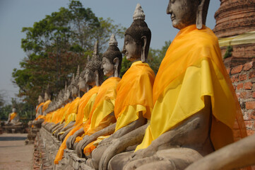 Row of sacred Buddha statues in Ayutthaya, Thailand, draped with orange scarves, symbolizing...