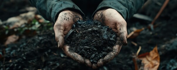 Obraz premium Close-up of dirty hands holding rich compost in garden