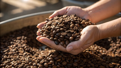Two hands are holding a large amount of coffee beans. with some beans falling down. creating a substantial pile beneath them.