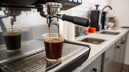 A cup of coffee being poured into a coffee machine. Perfect for illustrating the process of making coffee at home or in a cafe