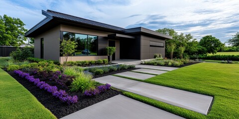 Fototapeta premium Neutral tan siding with straight parallel lines, complemented by dark gray trim and a sleek metal roof for a modern, minimalistic look