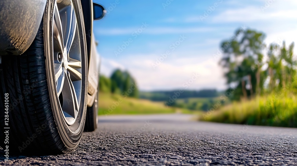 Aufkleber dynamic perspective of a car tire on an open road surrounded by lush greenery : generative ai