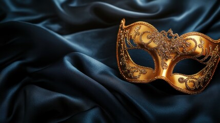 An elegant golden masquerade mask resting gracefully on luxurious, deep blue satin fabric.