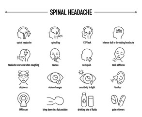 Fototapeta premium Spinal Headache symptoms, diagnostic and treatment vector icon set. Line editable medical icons.
