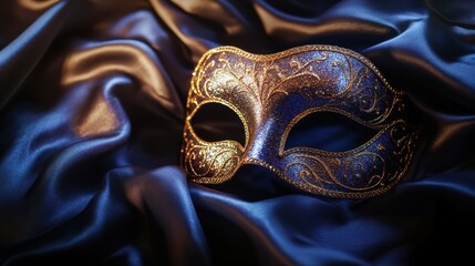 A sparkling gold masquerade mask rests delicately on rich blue silk fabric, creating an elegant and mysterious atmosphere.