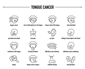 Tongue Cancer symptoms, diagnostic and treatment vector icon set. Line editable medical icons