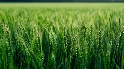 Obraz premium Lush Green Wheat Field with Tall Stalks Swaying in the Gentle Breeze Under a Clear Blue Sky : Generative AI