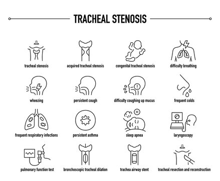 Tracheal Stenosis symptoms, diagnostic and treatment vector icon set. Line editable medical icons