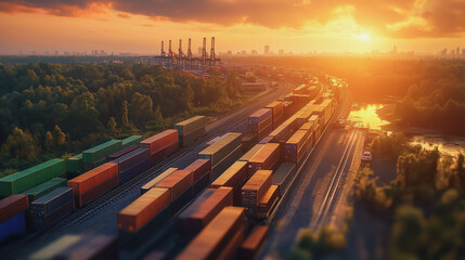 Global business of Container Cargo freight train for Business logistics concept, Air cargo trucking, Rail transportation and maritime shipping, Online goods orders worldwide. Container truck in ship

