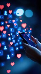 Hands Holding Smartphone With Social Media Notifications and Floating Heart Icons in Digital Space