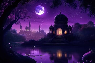 Obraz premium fantasy night landscape magical purple sky full moon and stars with exotic domed pavilion near reflective water and silhouetted city skyline with glowing windows in mystical atmosphere