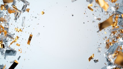 Dynamic explosion of shimmering silver and gold confetti creating a festive atmosphere.