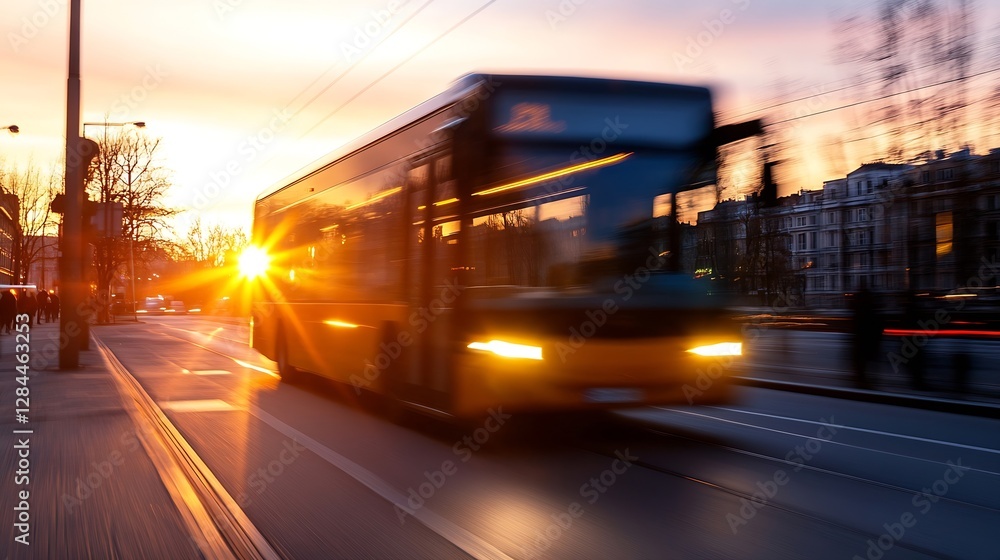 Poster dynamic motion blur of public bus driving through city streets at sunset : generative ai