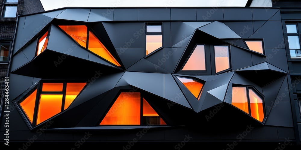 Poster futuristic facade. matte black wpc cladding with geometric patterns, complemented by chrome accents 