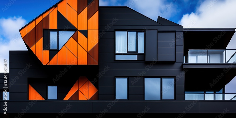 Poster futuristic facade. matte black wpc cladding with geometric patterns, complemented by chrome accents 