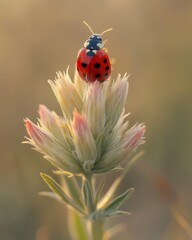 Fototapeta premium A ladybug perched atop a delicate, pale pink flower bud, bathed in soft golden light.