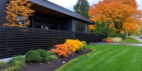 Bold Contemporary. Dark charcoal WPC siding with horizontal slats and a matching black metal gate for an edgy and bold look.