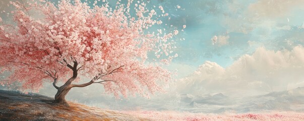 Majestic cherry blossom tree in full bloom against a serene sky and mountainous horizon